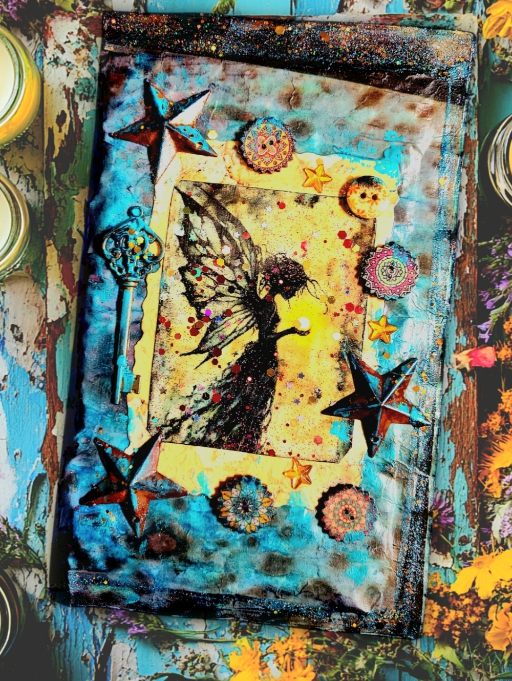 Fairy Mushroom Nature Handmade Junk/Creative Journal Vivid FluffyTextured Book